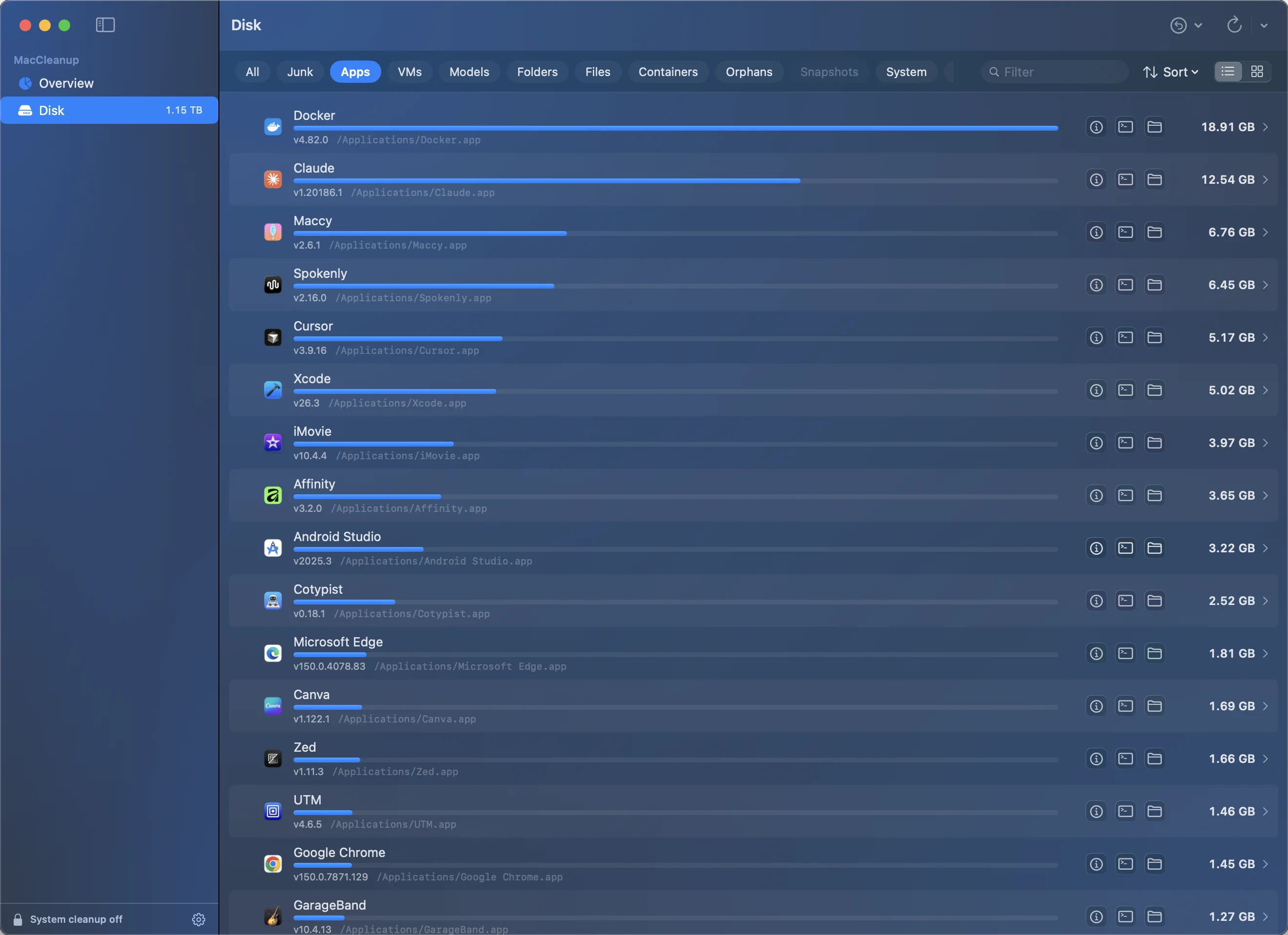 MacCleanup's Applications view: installed apps ranked by real footprint with their actual icons, versions and paths.
