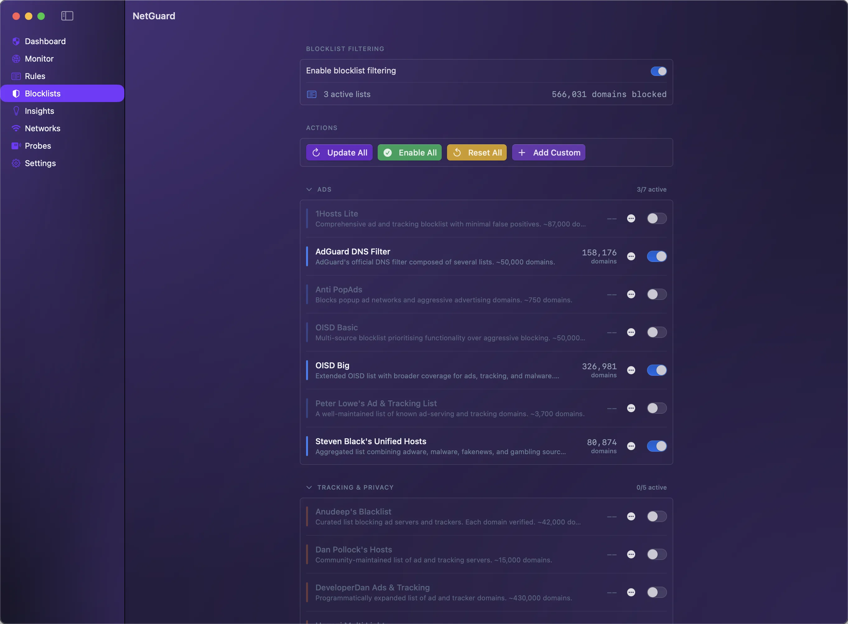 NetGuard's Blocklists screen: curated ad, tracking, malware and phishing lists — AdGuard DNS Filter, OISD and Steven Black's Unified Hosts enabled among others — three active lists blocking 566,031 domains at the DNS layer.