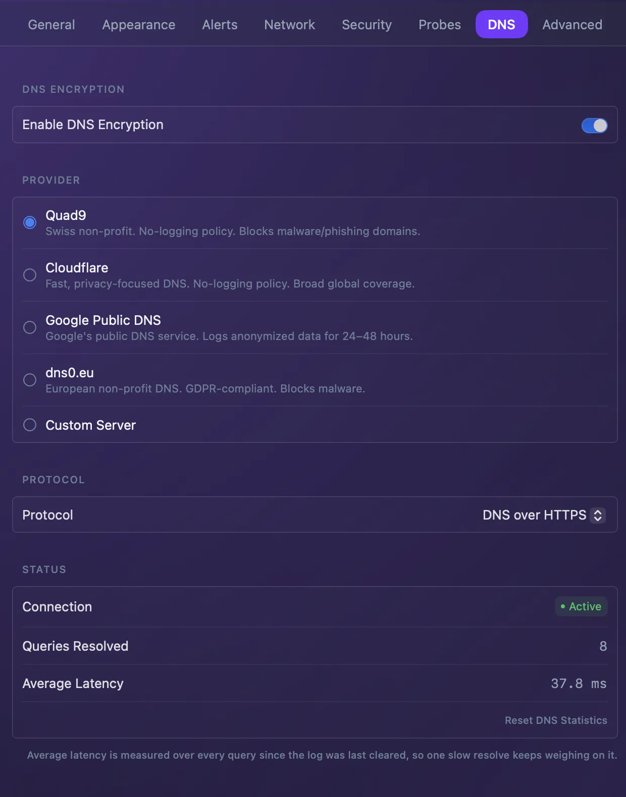 NetGuard's DNS settings: DNS Encryption enabled, provider choice of Quad9, Cloudflare, Google Public DNS, dns0.eu or a custom server, protocol set to DNS over HTTPS, and a live status showing the connection active with queries resolved and average latency.
