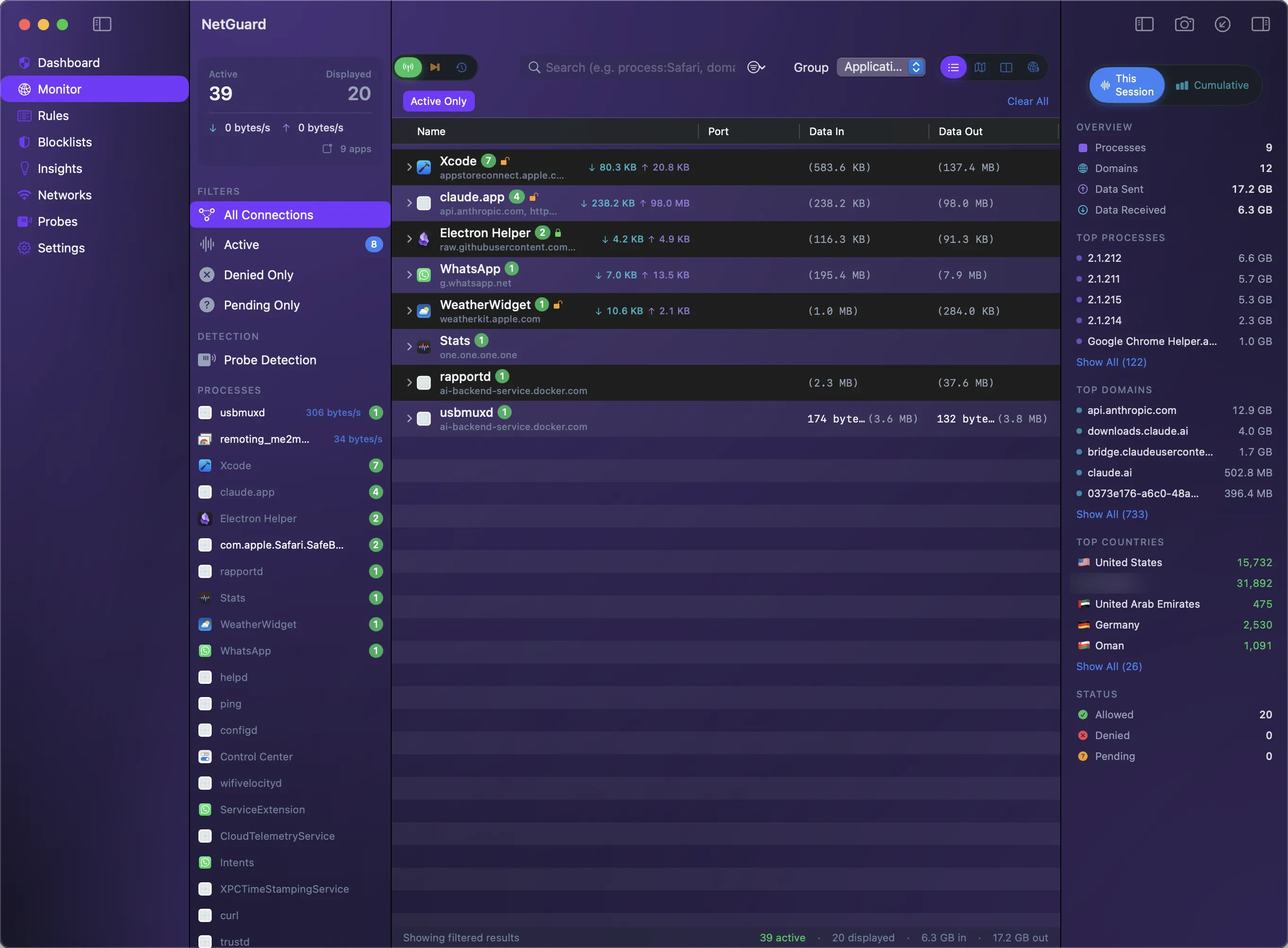 NetGuard's Monitor: a live connection list grouped by app, each row showing domains, ports and data in/out, with filters (All Connections, Active, Denied Only, Pending Only), a per-process breakdown, and a session panel of top processes, domains and countries.