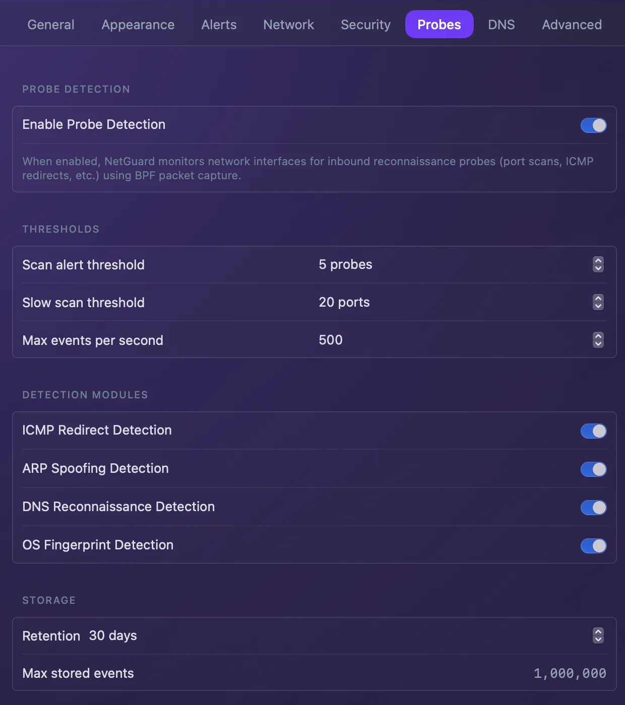 NetGuard's Probe Detection settings: enable inbound reconnaissance detection via BPF packet capture, with scan thresholds and detection modules for ICMP redirects, ARP spoofing, DNS reconnaissance and OS fingerprinting.