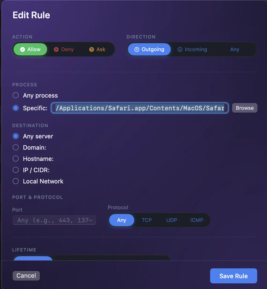 NetGuard's Edit Rule sheet: choose Action (Allow/Deny/Ask), Direction, a specific process or any, destination by domain/hostname/IP/CIDR/local network, and port and protocol (TCP/UDP/ICMP).
