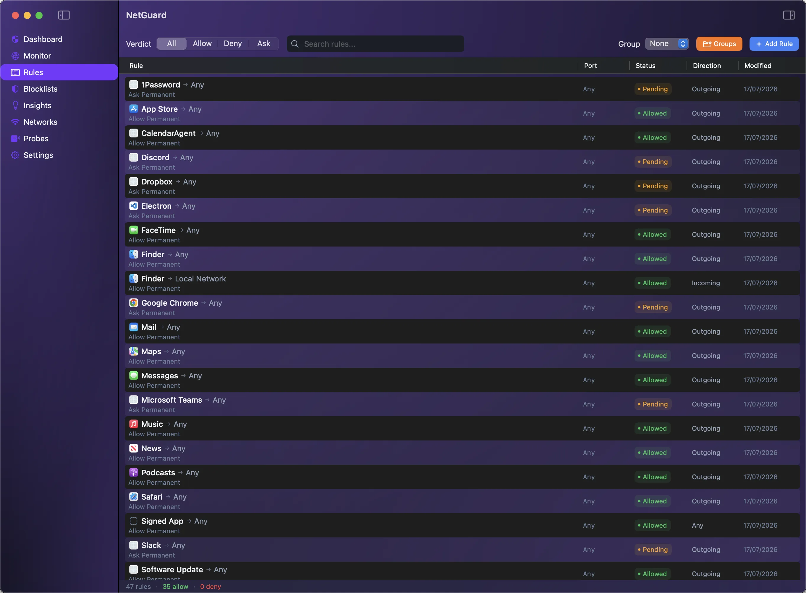 NetGuard's Rules table: dozens of per-app rules with real app icons, each showing verdict (Allowed/Pending), port, direction and last-modified, with verdict filters and a search field.