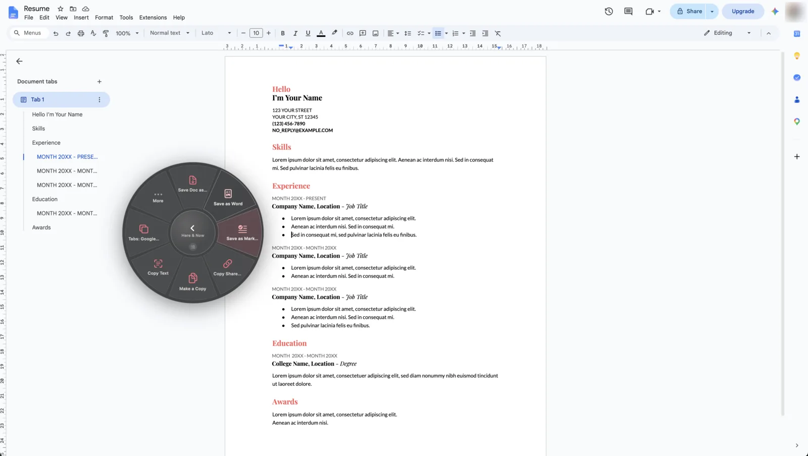 QTool summoned over a Google Doc, its Here & Now category offering Save Doc as PDF, Save as Word and Save as Markdown.