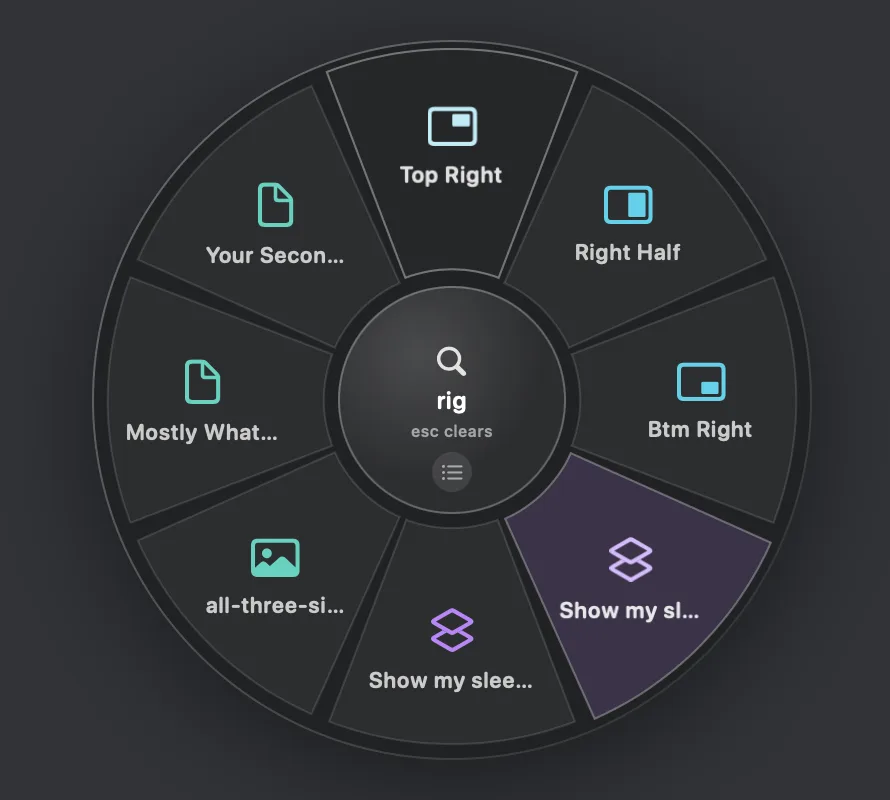 Typing in QTool's hub turns it into a fuzzy search; the ring reflows to matching actions.