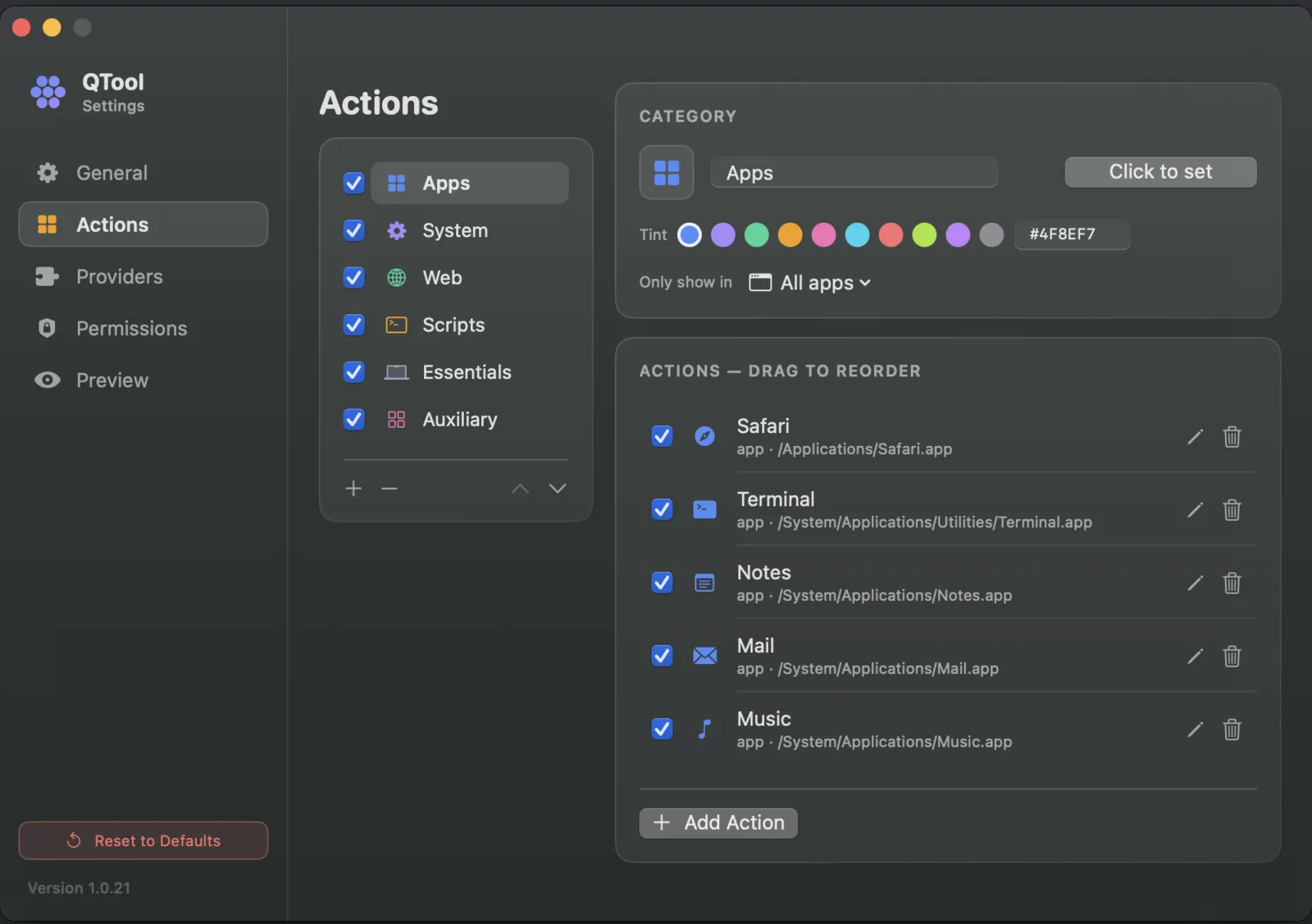 QTool Settings — the Actions editor with categories, tint swatches, SF Symbols and drag-to-reorder.
