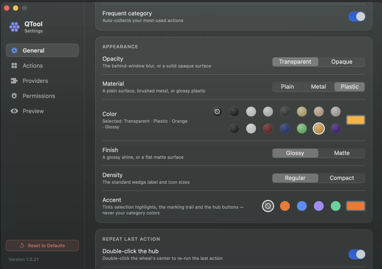 QTool Settings — the Appearance card with Opacity, Material, Color, Finish, Density and Accent controls.