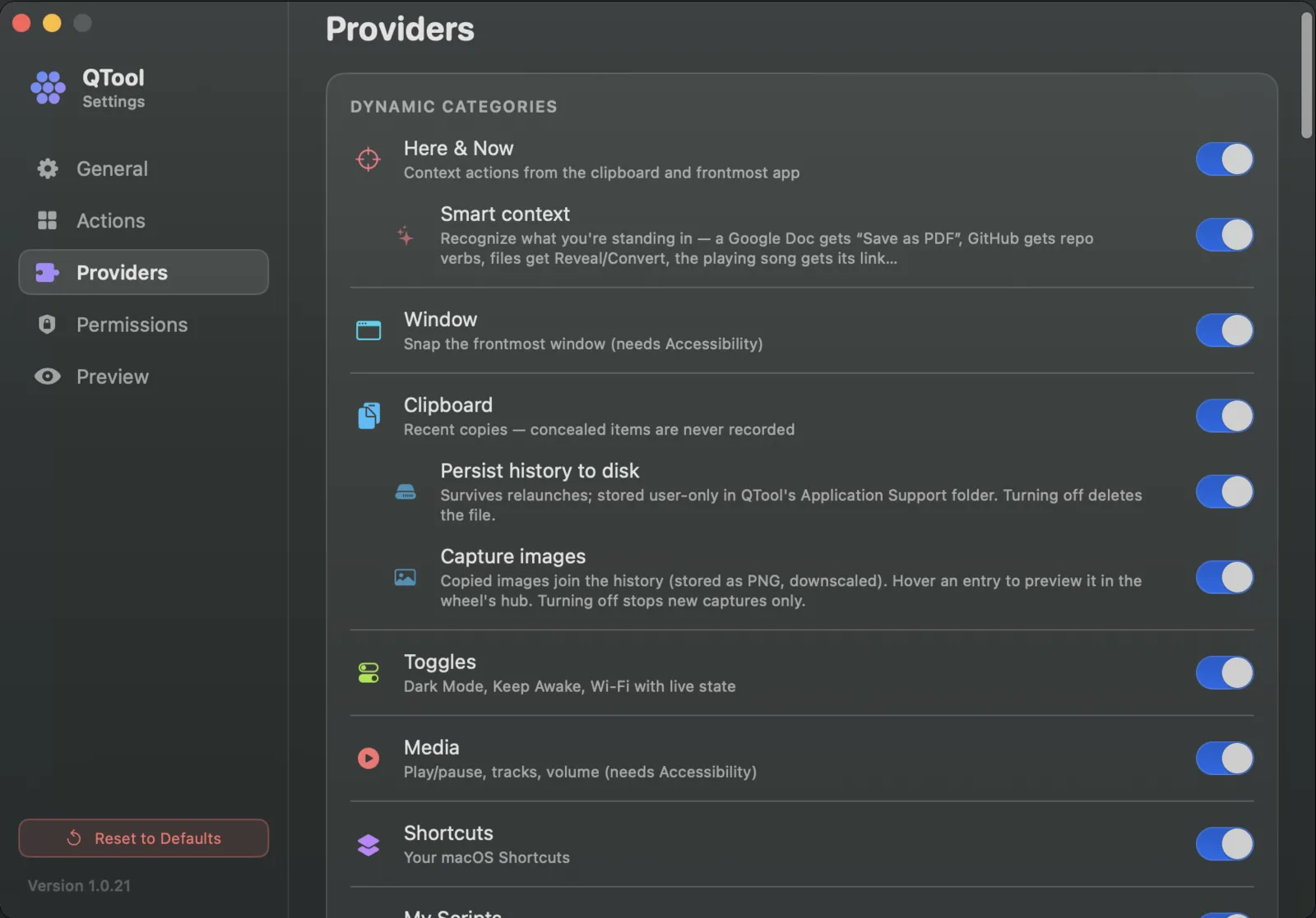 QTool Settings — the Providers pane with toggles for Here & Now, Window, Clipboard, Toggles, Media and Shortcuts.