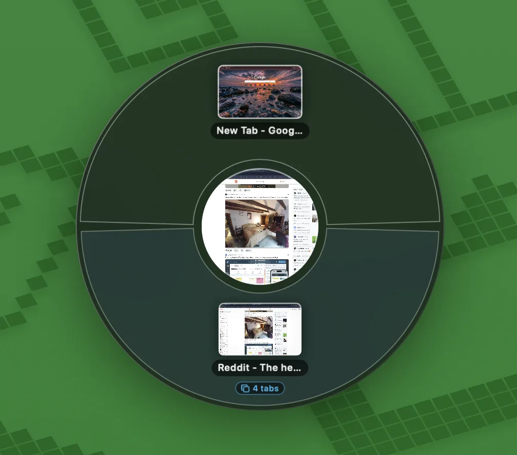 QTool's window carousel: live window thumbnails around the wheel with the hovered one in a center porthole, and a 4-tabs pill.